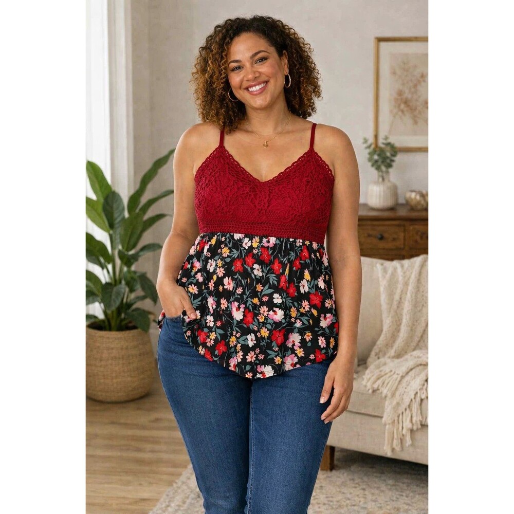 Burgundy Red Floral Crochet Babydoll Floral Top XXL Crochet Lace Cami Tank Cute